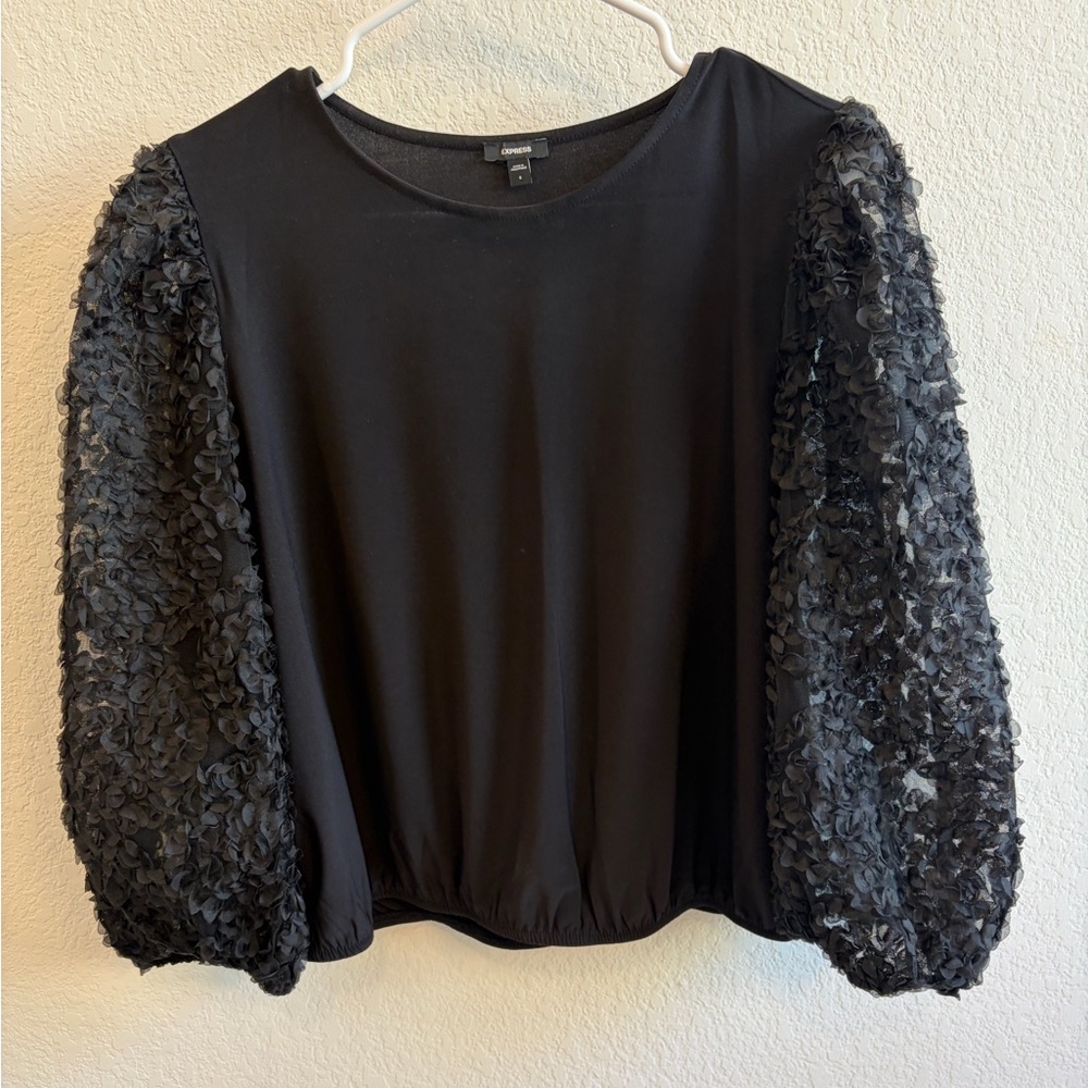 Express Elegant Black Top with Textured Puff Sleeves